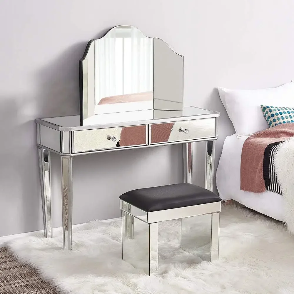 Full set of mirrored vanity furniture: glass top with tri-fold mirror, including 2-drawer storage table and stool