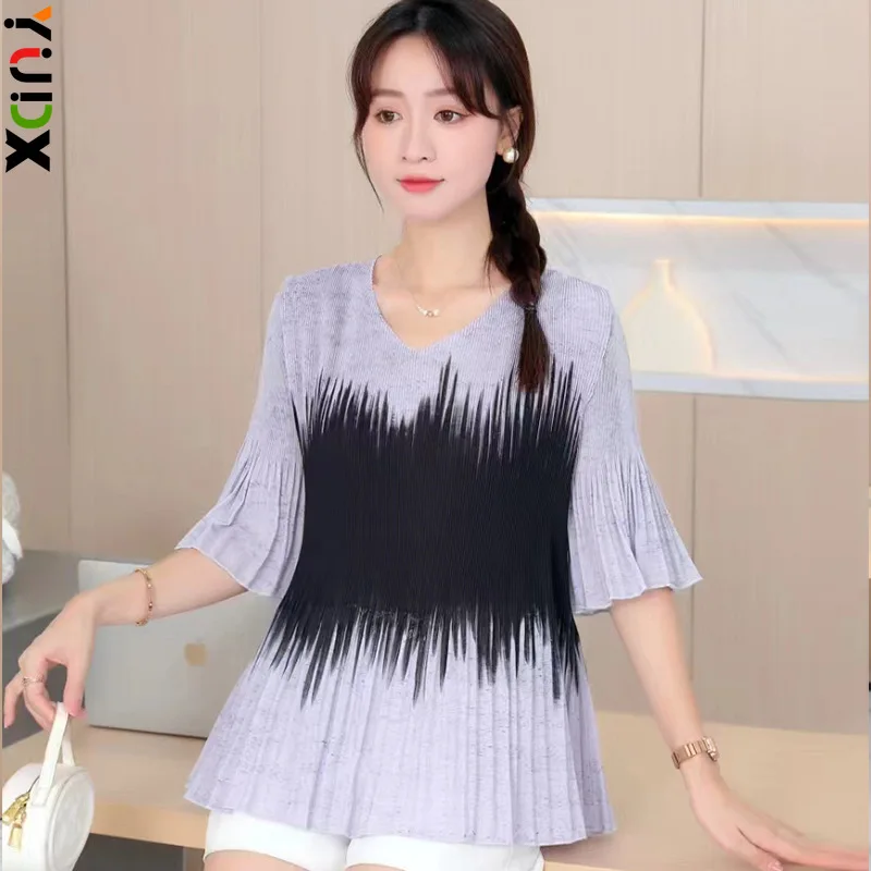 

YUDX Pleated High Quality Round Neck Flare Short Sleeve Printed Ruffle Hem Peplum T-Shirt Women's Tops 2024 Summer New