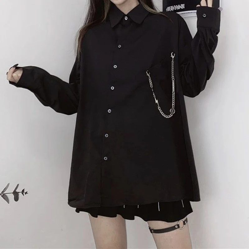 Women's blouse 2024 new loose retro diagonal placket asymmetric metal chain decorated long sleeve shirt dark neutral blouse