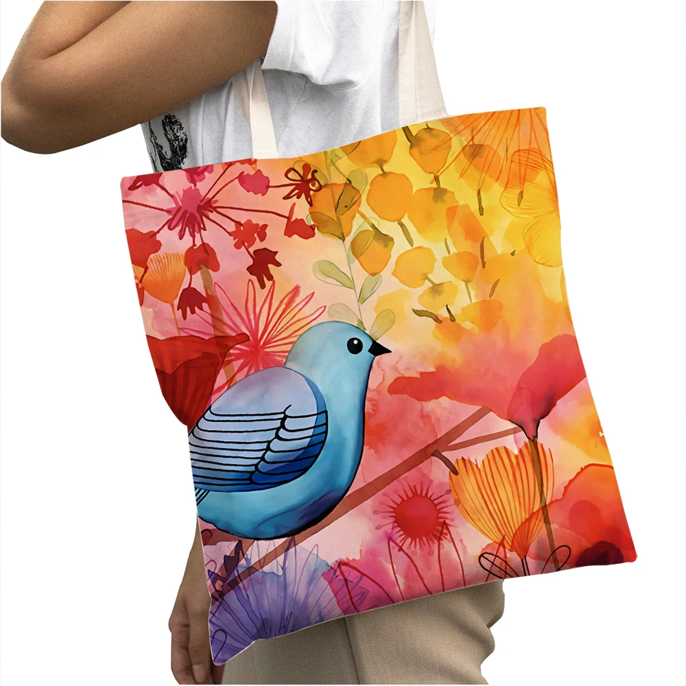 

Watercolor Floral Big Capacity Shopper Bag Handbag Watercolor Cartoon Plant Tree Flower Double Print Casual Canvas Shopping Bags