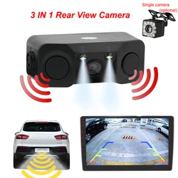 12V Car PDC 3 In 1 Rear View Camera Parking Sensor Radar Set License Plate Lights Distance Control Parktronic System Universal
