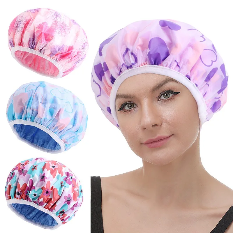 Latest Women Floral Reusable Double Layer Waterproof Shower Cap Terry Lined Hair Drying Bonnet Bathroom Hat Elastic Turban