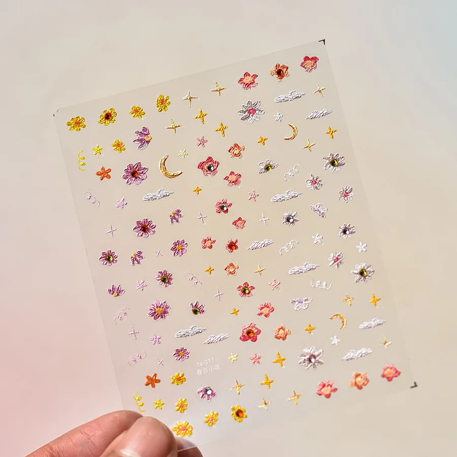 1 foglio di adesivi per unghie con fiori di cartone animato, stampa sulle unghie, strass, glitter, autoadesivi, simpatici decalcomanie per nail art Kawaii per manicure fai da te