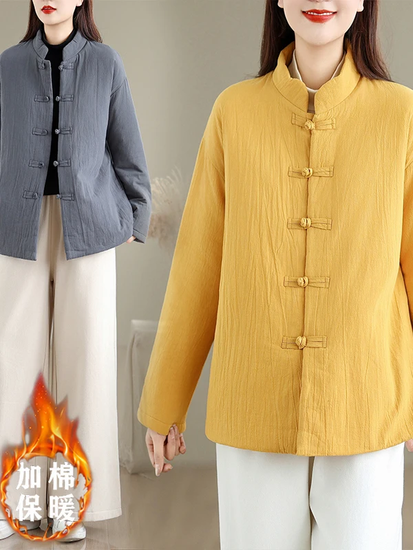 

Retro Hemp Thiened Jaet with Button Stand Collar Women's Winter Coat Fluffy Inner Design Traditional Chinese Sle Outerwear