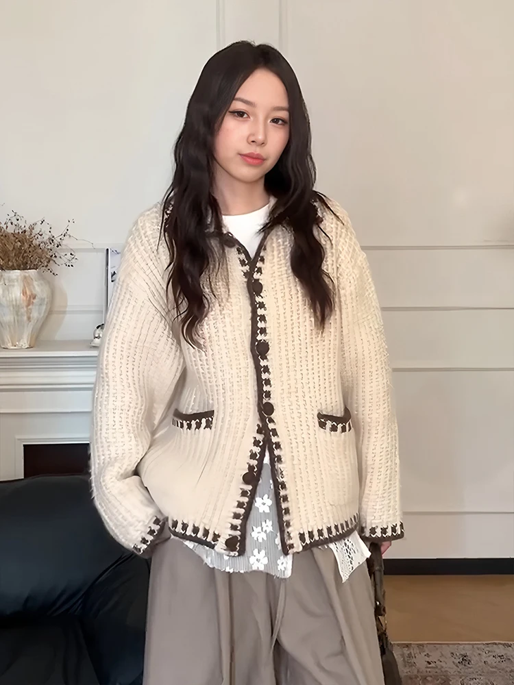 

Ladies Oversized Knitted Sweater Coat Street Sle Loose Fit Long Sve Collar Design Autumn Winter Warm Thermal Faion Top