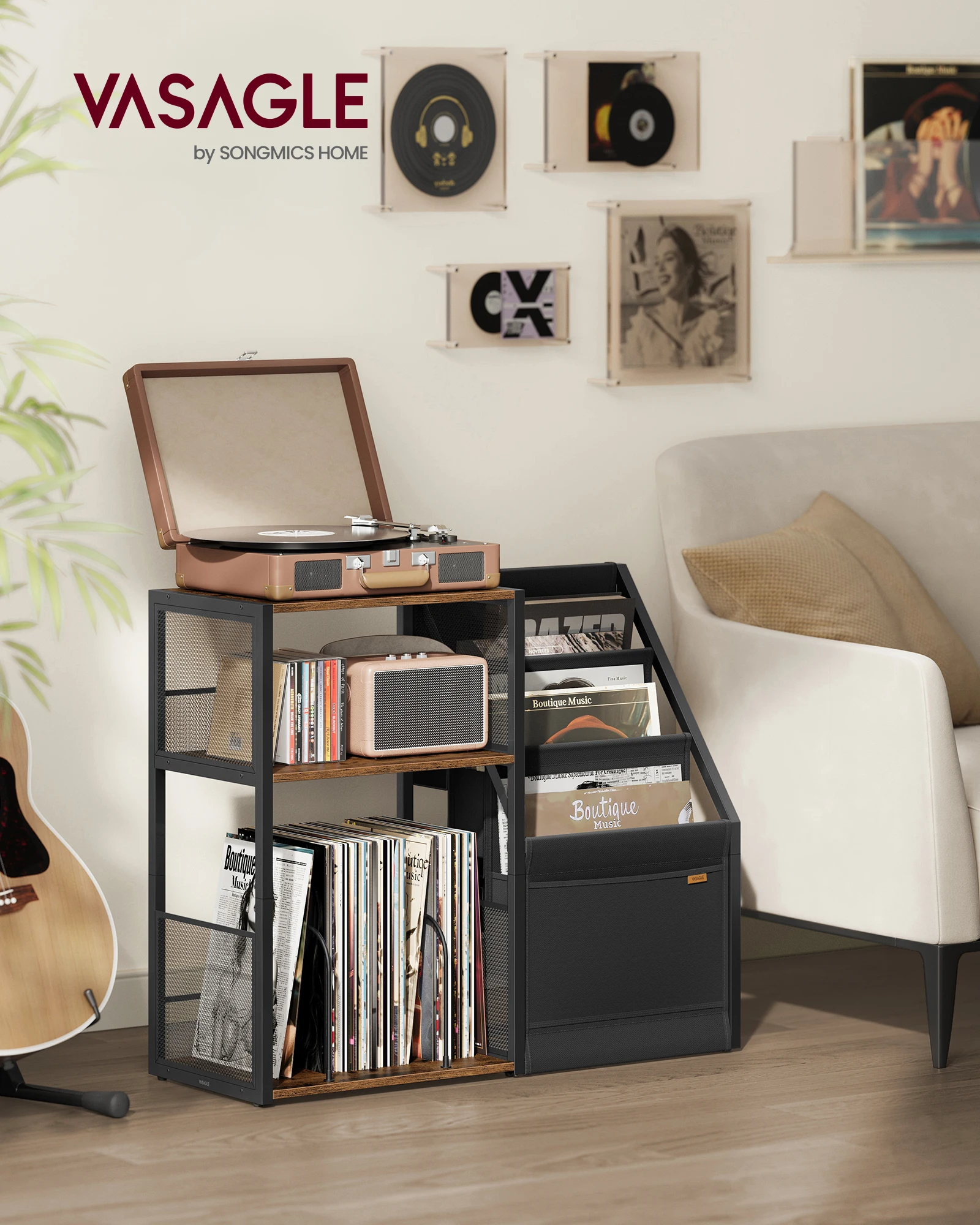 VASAGLE Beistelltisch, Plattenspieler-Ständer, 3 Etagen, Beistelltisch, Schallplatten