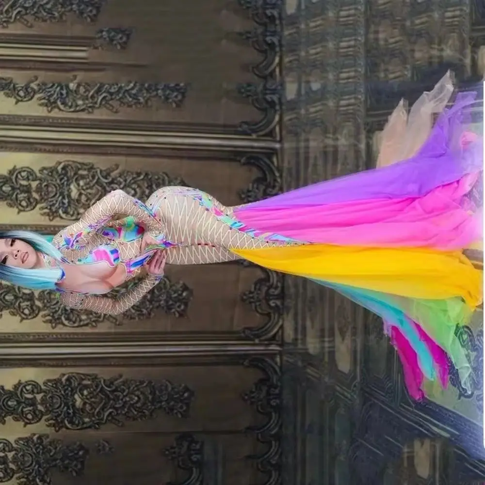 

Colorful Long Sleeve Lace Gauze Sexy Women Dress Show Stage Costume Rave Drag Queen Festival Outfits Party Clothing