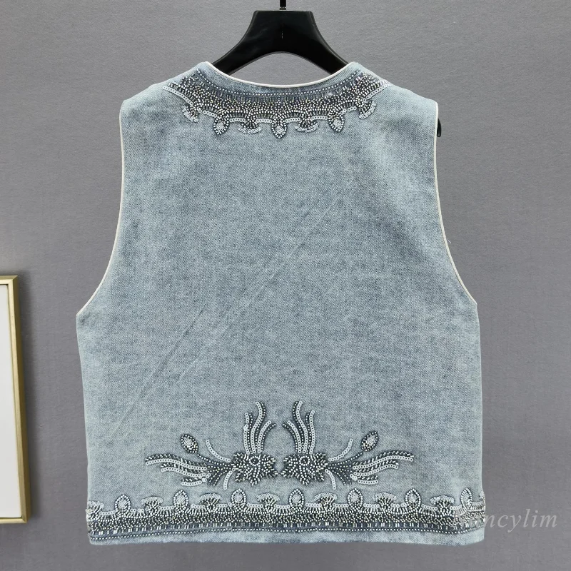 Short Sleeveless Denim Vest Jacket for Women, New Spring Fall, Vintage Distressed with Rhinestone and Sequin Embellishments view 6