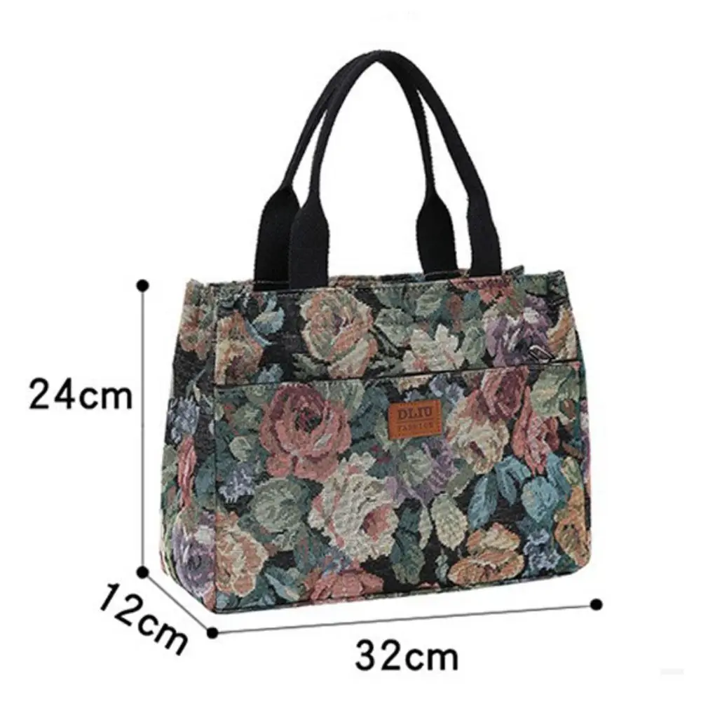 Portable Floral Print Women's Tote Bag Canvas Large Capacity Lunch Bag Zipper Thickened Jacquard Handbag