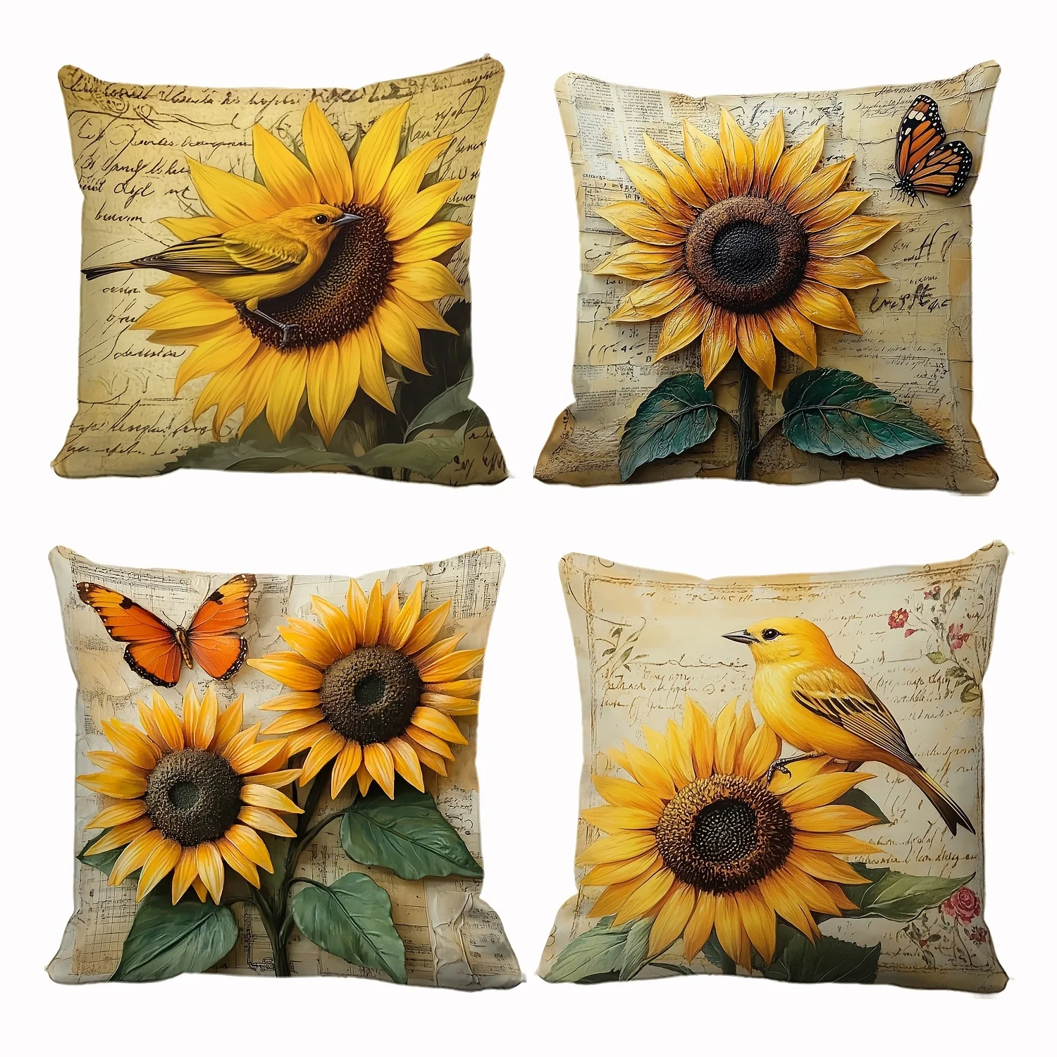 Vintage Sunflower Bird Pattern Pillow Cover Decorative Cushion Cover Home Decor Sofa Living Room Bedroom Farmhouse Nature Rustic