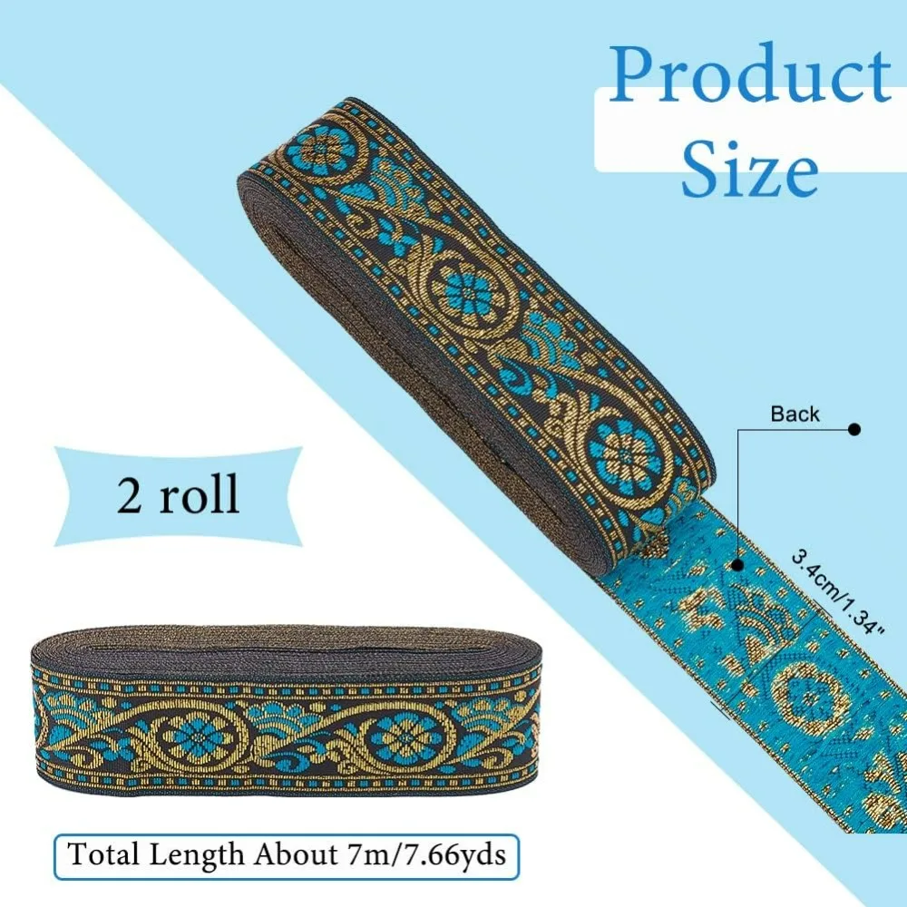 2 Rolls 7.6 Yards 1.3inch Fabric Embroidered Trim, Vintage Jacquard Ribbon Floral Sewing Woven Trim Emobridered Woven Ribbon