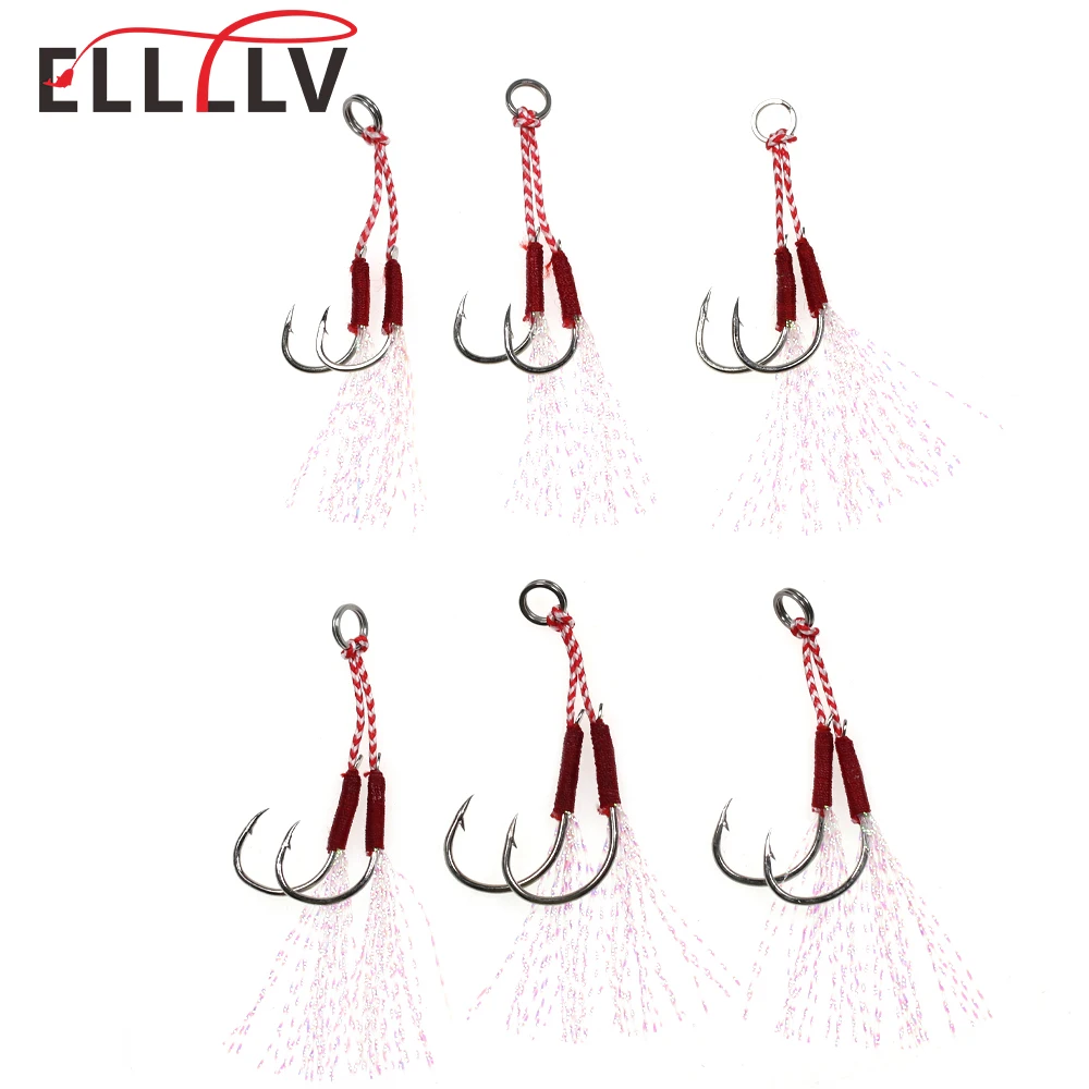 Elllv 10 Pairs Saltwater Fishing Jig Twin Hooks With Split Ring Flasher Assist Hook For Micro Spoons Fishing Lure Barbed Hooks