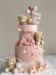 Netflix Children's Cake Topper Pink Blue Bow Bear Train Doll Ornament Baby Boy Girl First Birthday Cake Decorative Balls Insert