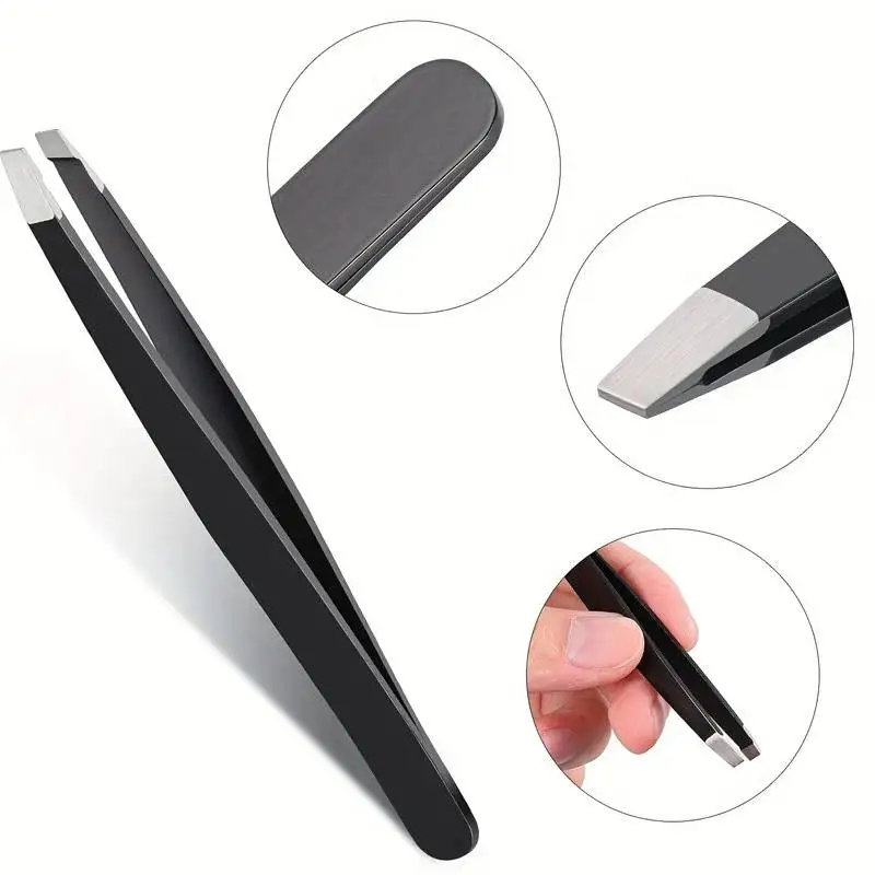 12Pcs Black Precision Eyebrow Tweezers Stainless Steel Slant Tip for Men and Women Facial Hair Removal and Shaping