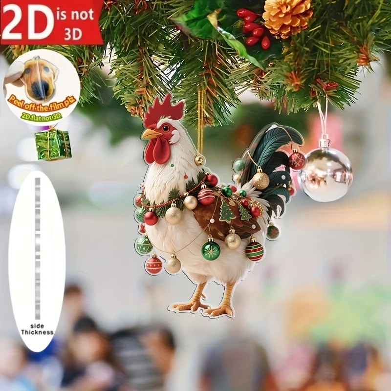 3pcs 2D Acrylic Rooster Christmas Gift Design Gold Thread Pendant for Tree Decoration DIY New Year's Gift Craft