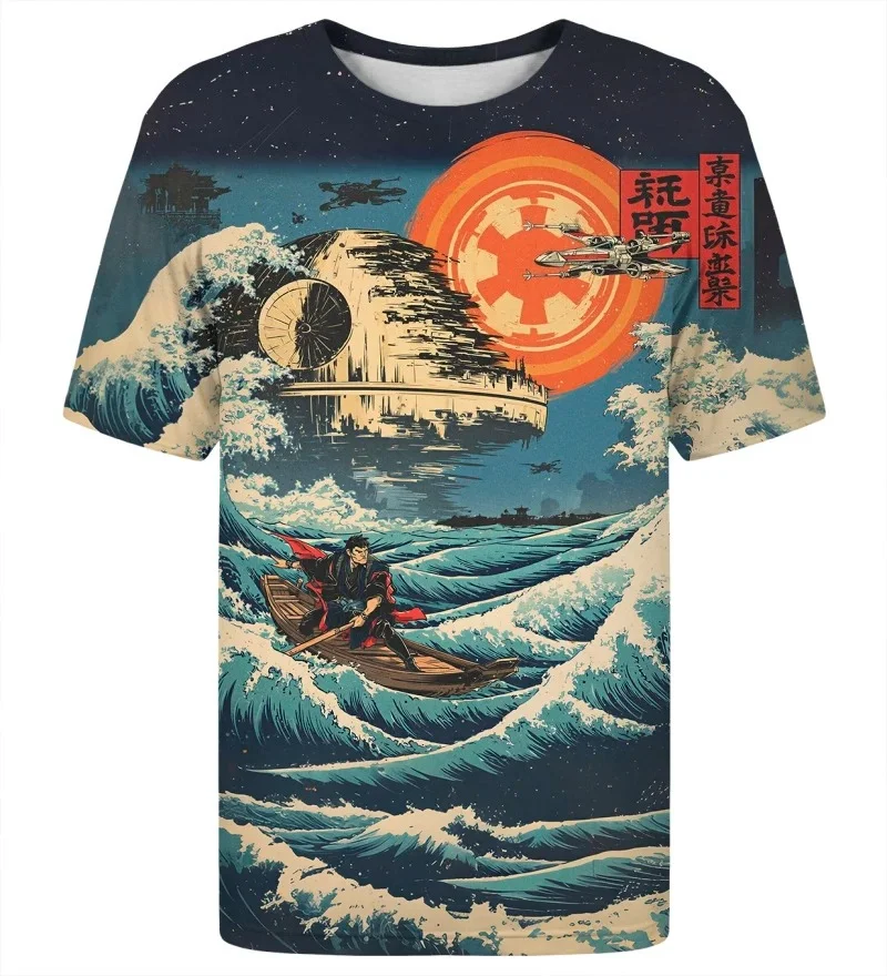 Unisex Ukiyo-e Sci-Fi T-shirts, Featuring Retro Woodblock Prints, Samurai on A Ship, and Futuristic Floating Fortresses.