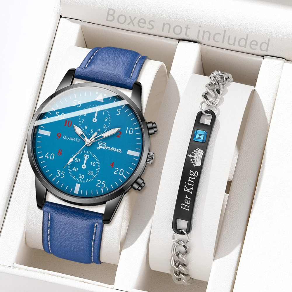 2PCS/SET Blue Men's Watch Set, Men's Business Fashion Trend Quartz Watch Bracelet Jewelry Set (No Box)