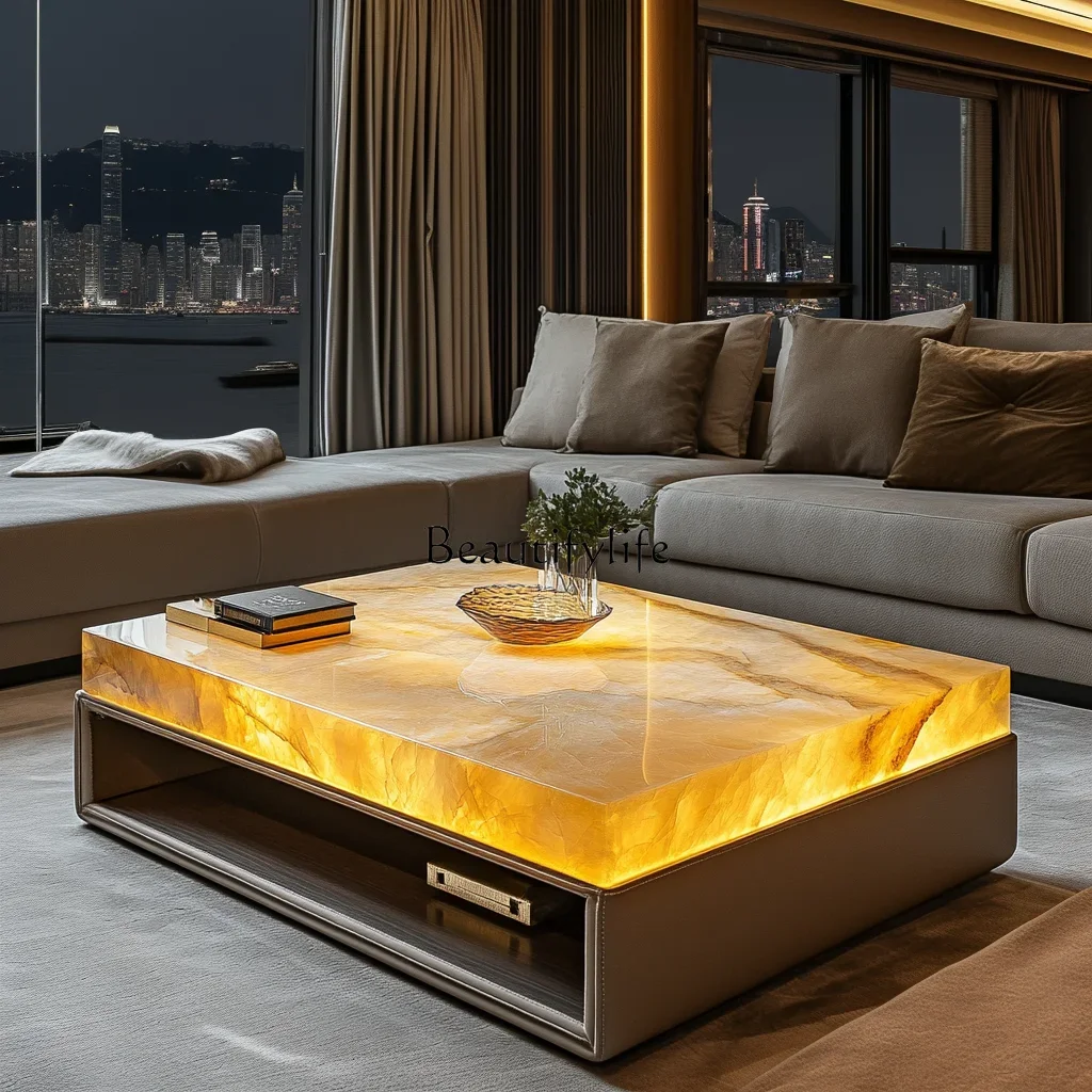 

09luminous jade stone coffee table living room custom square modern design large flat floor stone light