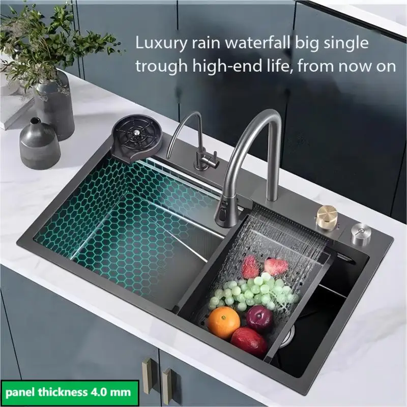 Freight Free Size 600mm*450mm Hand made Waterfall Kitchen sink Honeycomb Stainless Steel Black Nano Wash Basin Single Bowl Sinks