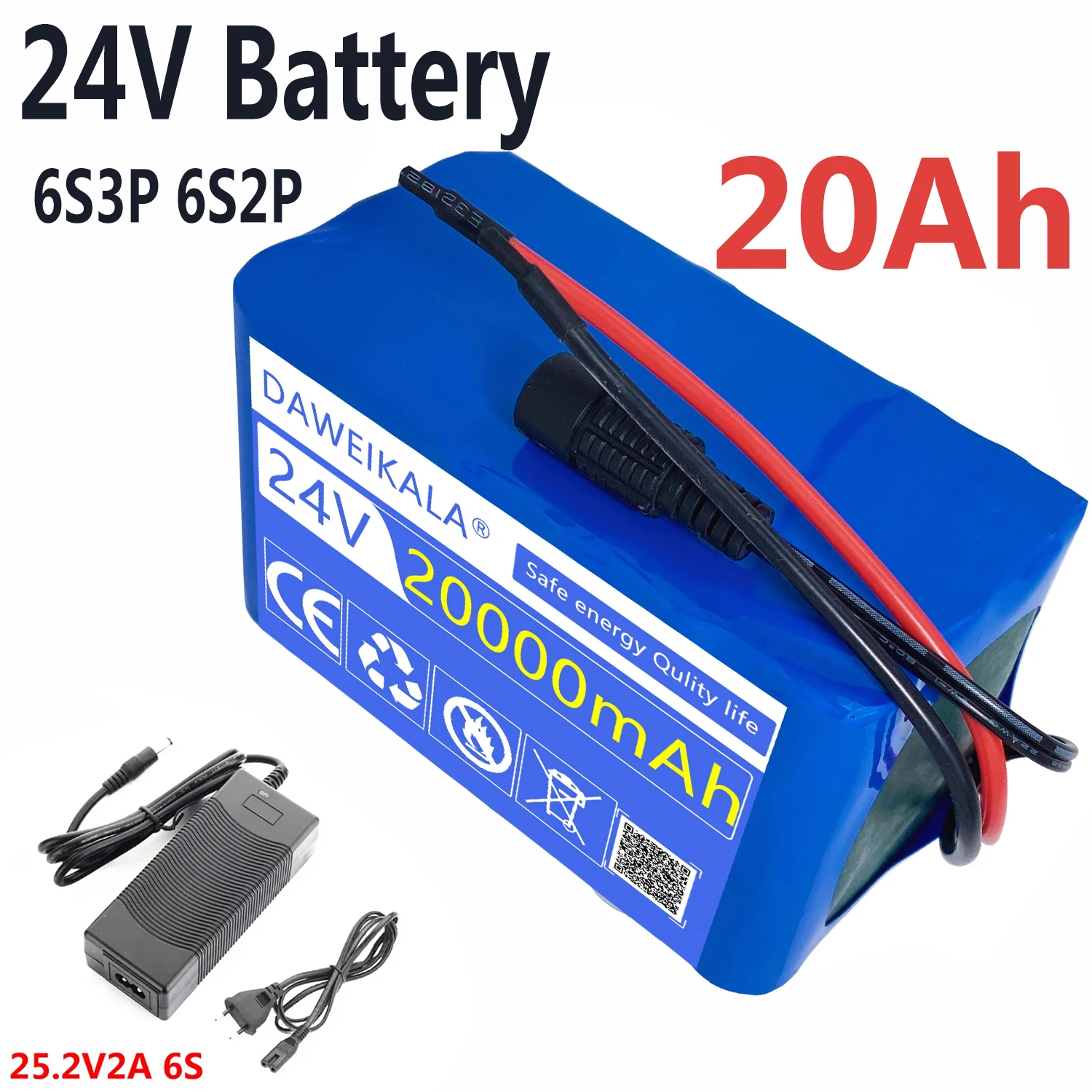 24V 20Ah Lithium Ion Battery Pack 6S2P 6S3P E-Bike Replacement Battery with Optional 25.2V 2A Charger Rechargeable Power Battery