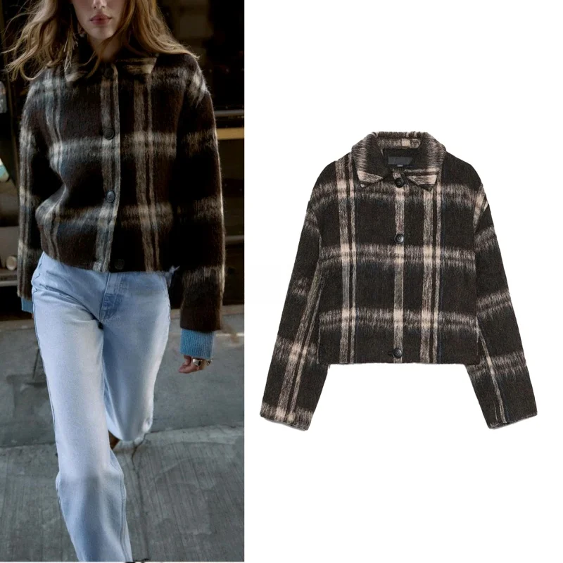 

Autumn New Women's Plaid Wool Blend Long Sve Jaet Coat Flip Collar ket Casual Sle ort Length Button Closure