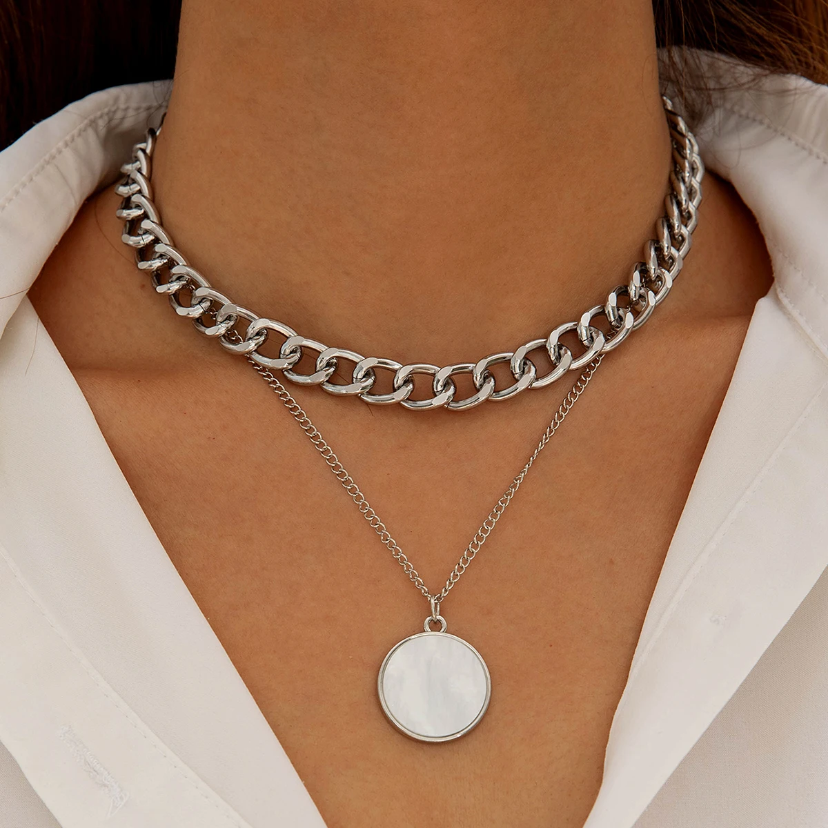 Docona Fashion Y2K Round Acrylic Pendant Gold Silver Stacked Cuban Thick Double Chain Women Neck Jewelry Festival Party Gift