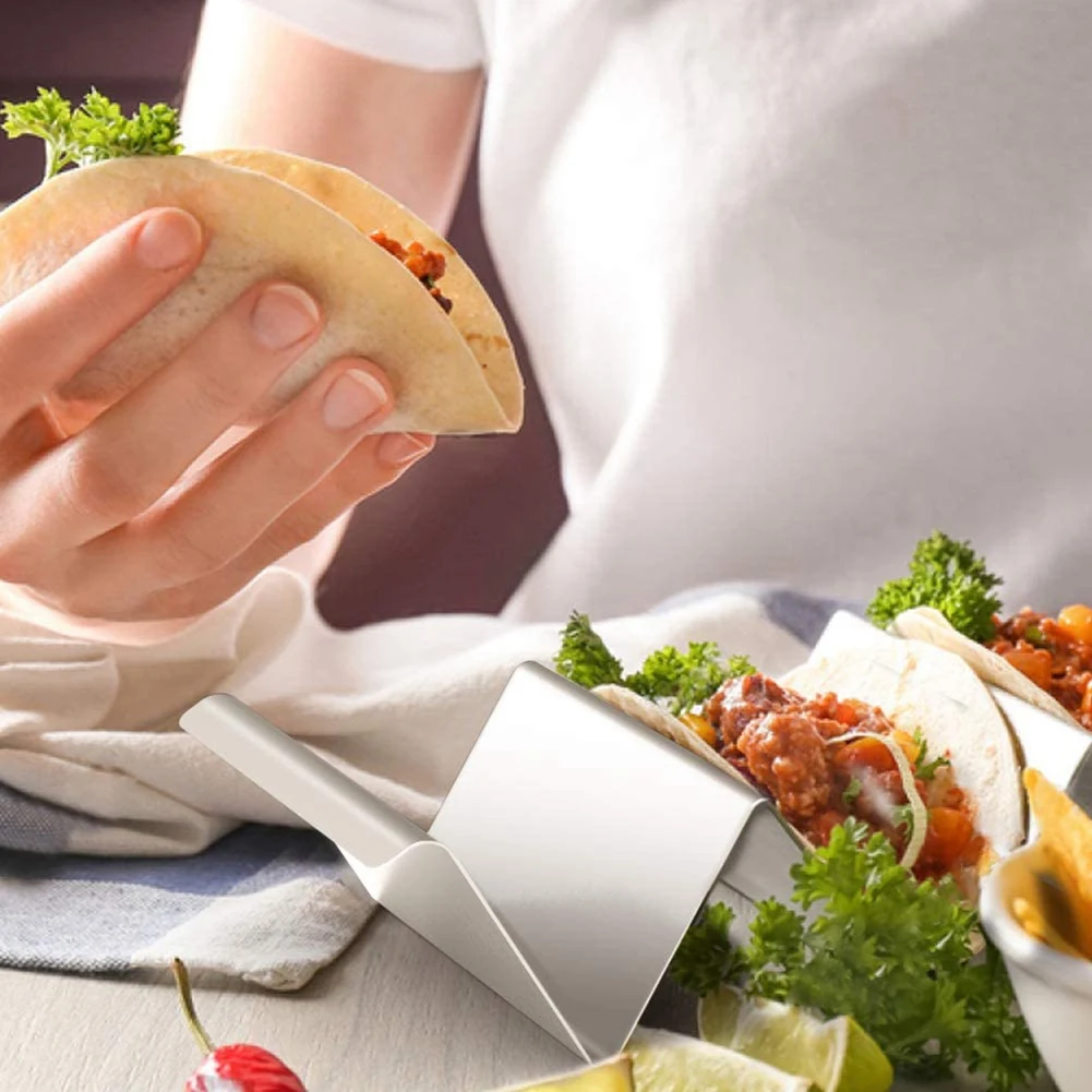 Soporte para tacos, juego de 4 carcasas para tacos de acero inoxidable con asas, bandeja para camiones tacos para restaurante y hogar