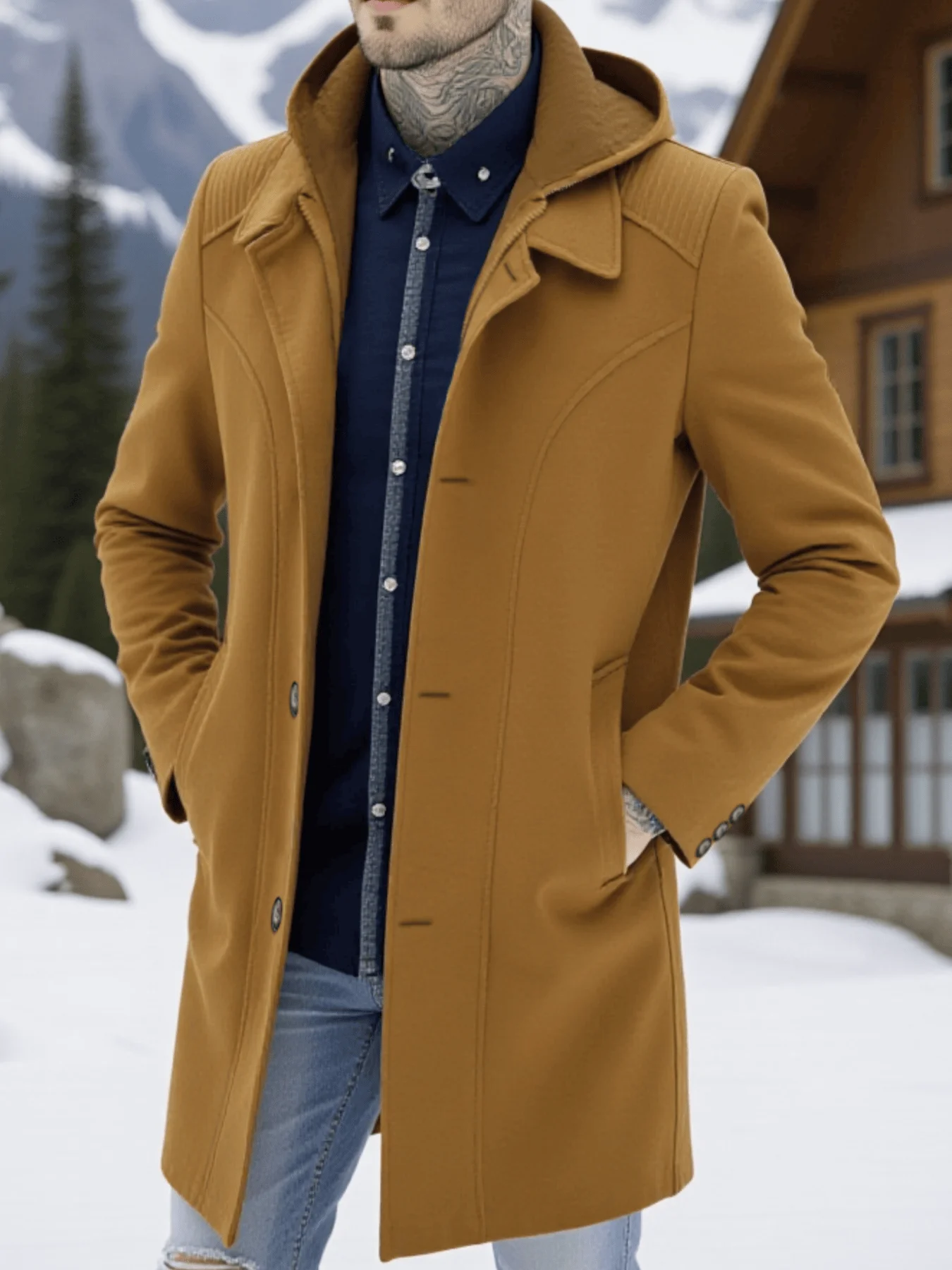 

Men's Convertible Wool Coat Single-Breasted & Zippered Hooded Wrinkle-Resistant Trench Style for City Life