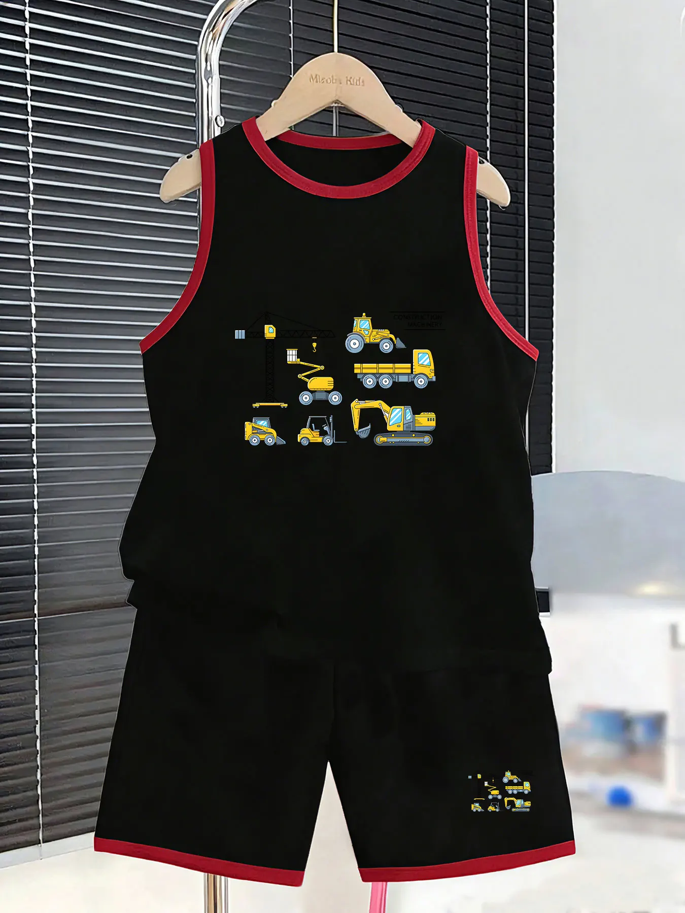 Boys' Construction Vehicle Style Vest and Shorts Two-Piece Set, creating a unique summer look. Made of selected skin-friendly an