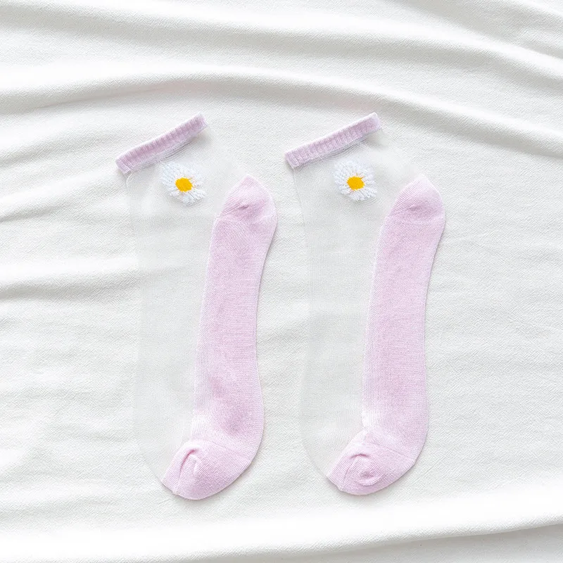 10 Paar Frauen weiße Gänseblümchen Blume kurze Socken Set Mode Sommer dünne atmungsaktive Bonbon farbe transparente Kristall Seide Söckchen – Detail 18