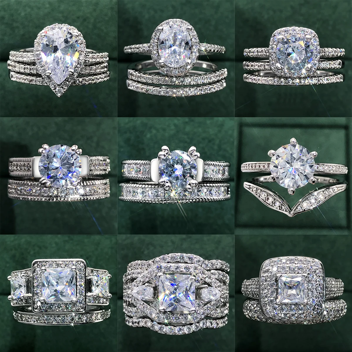 Crystal Promise Ring Set for Women Bridal Silver Color Iced Out Zircon Proposal Marriage Wedding Engagement Ring Trend Jewelry