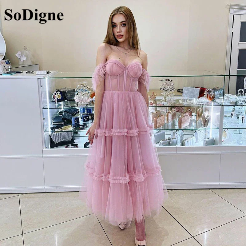 

SoDigne Blush Pink A-Line Short Evening Dress Tiered Tulle Prom Dress Sweetheart Off The Shoulder Party Gowns Tea Length