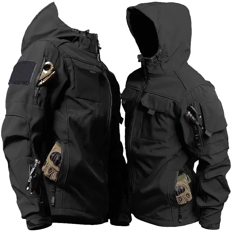 Waterproof Tactical Sets Men Winter Shark Skin Soft Shell Hooded Jacket+Army Straight Cargo Pant 2 Pcs Suits Military Fleece Set