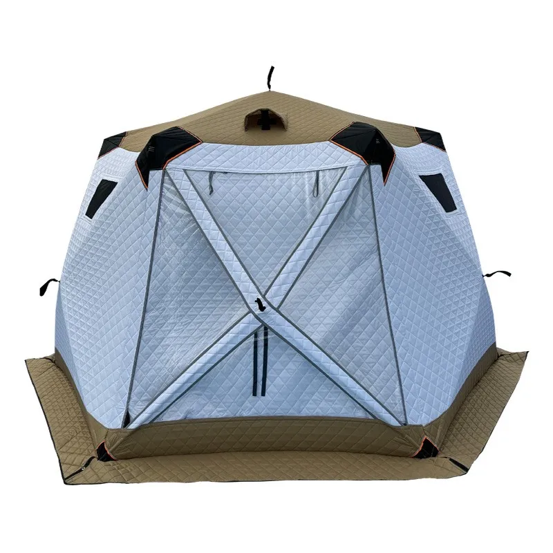大型六角形アイスフィッシングシェルター オックスフォード製ポータブルアイスシャンティテント 5～6人用 通気性のある窓付きアイスシェルター