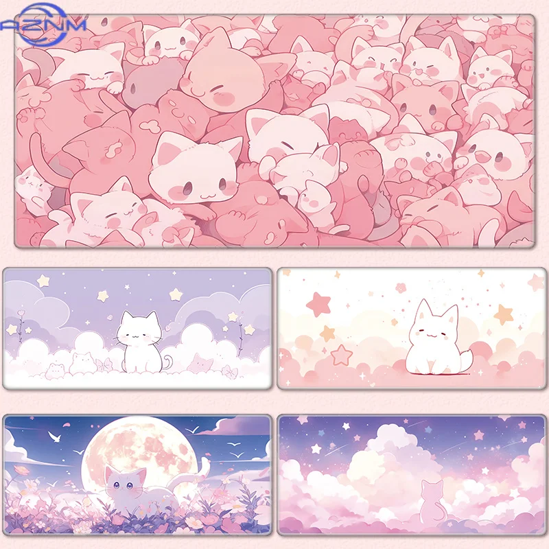 Adorable Pink Cat Mouse Pad - XXL Cute Kitty Gaming Desk Mat for Girls, Non-Slip Soft Surface Computer Pad for Office & Home