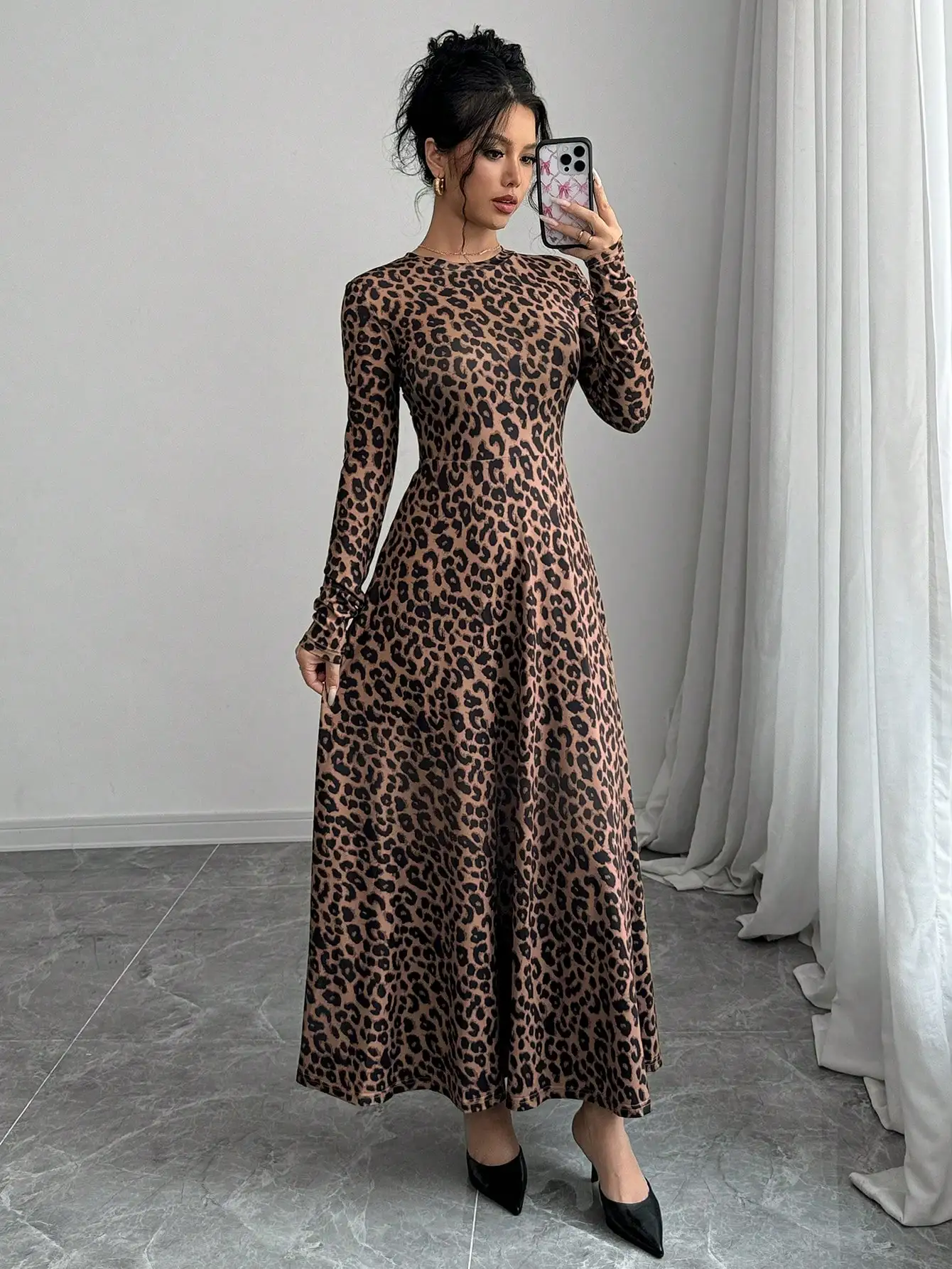 

Women's Leopard Print Long Sleeve Maxi Dress with A-Line Skirt