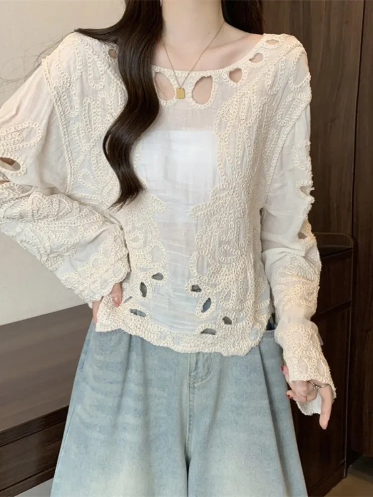 Oversized Design Shirts Solid Color Hollow Out Embroidery Long Sleeve Spring Autumn Blouses Fashion Vintage 2024 Women Clothing