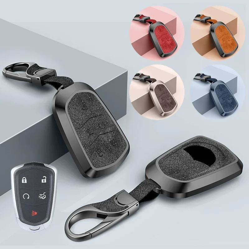 

Aluminum Alloy Leather Car Remote Smart Key Fob Case Cover Bag With Keychain For Cadillac CTS CT6 XTS XT5 SRX ATS ATX Escalade