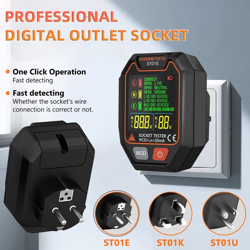 ST01 Socket Tester Voltage Test Digital Outlet Detector EU UK US Plug Ground Zero Line Plug Polarity Phase Check Rcd NCV Test