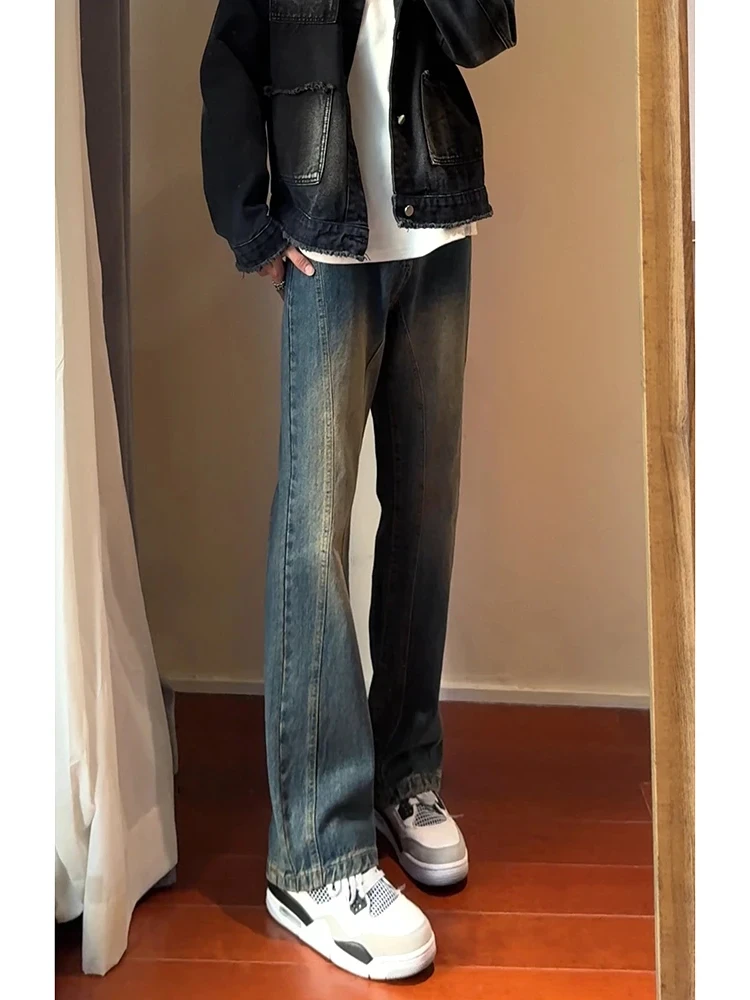 

Мужские джинсы в американском ретро-стиле с высокой талией, расклешенные, износостойкие, прямые брюки для молодежи на весну-осень