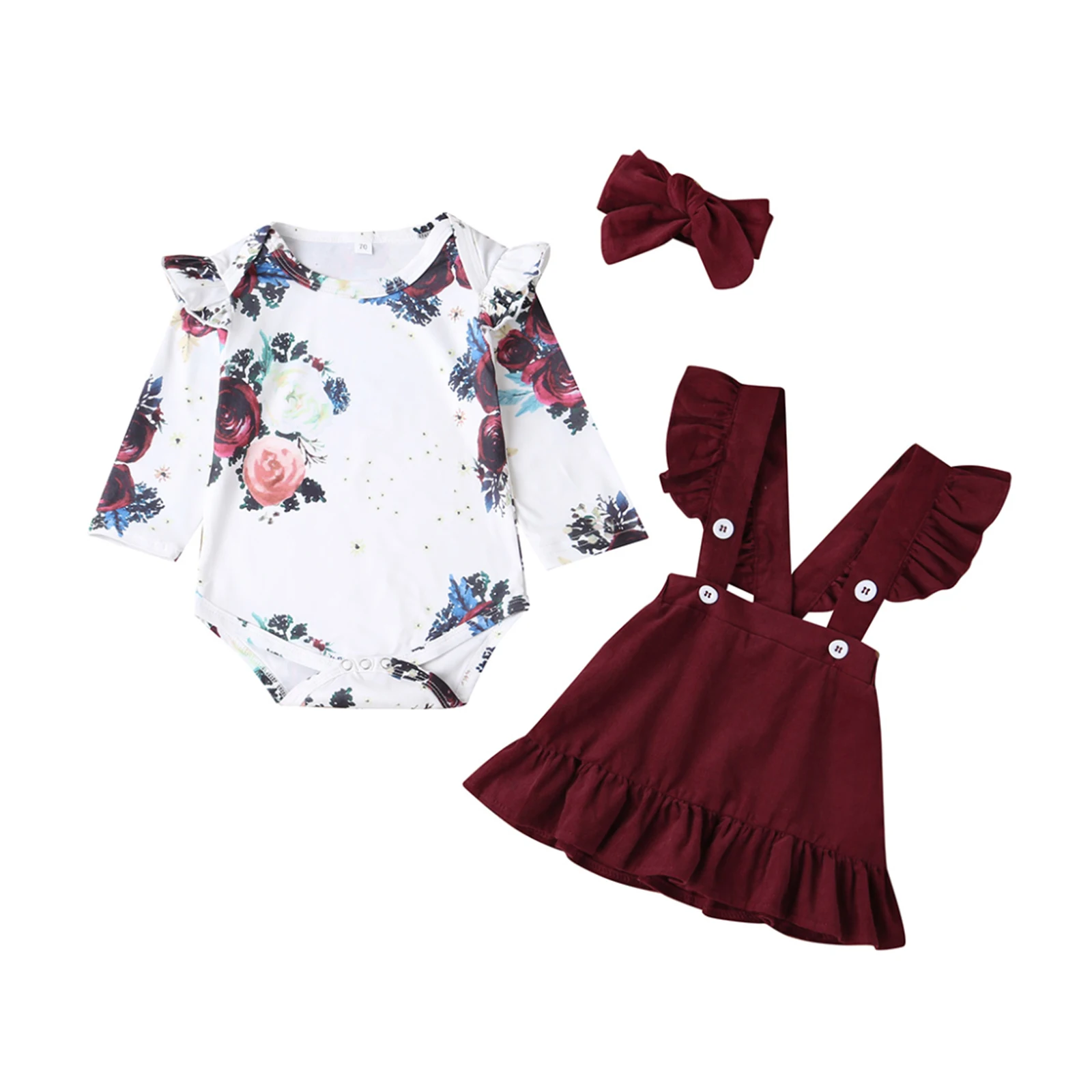 Adorable Girls Outfit Set with Long Sleeve Romper Ruffled Puffy Strap Dress and Matching Fashion Headband - Perfect for