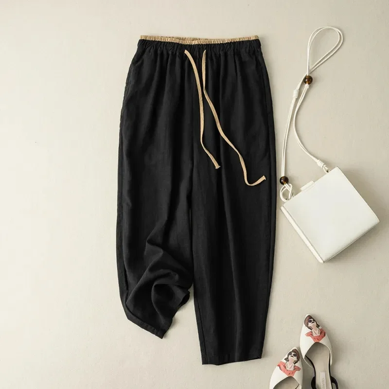 

Summer Retro Cotton Linen Loose Harem Pants Elastic Drawstring Waist Casual Pants Basic Versatility Wide-le