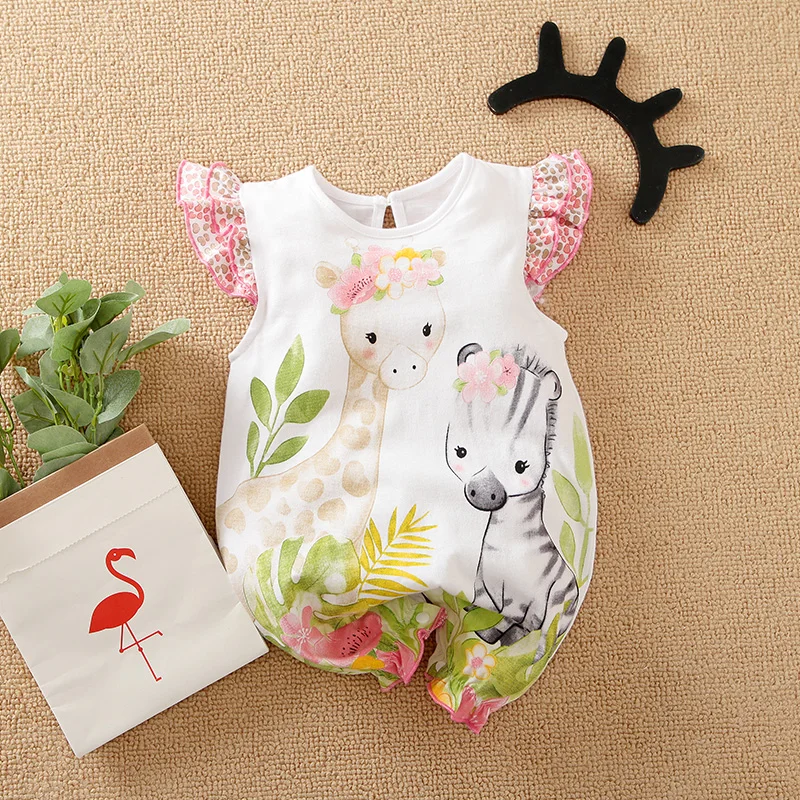 0-18 Baby Jumpsuit Cute Cartoon Sika Deer Printed Cotton Casual, Comfortable, Soft Boy And Girl Summer SleevelessNewborn Clothes