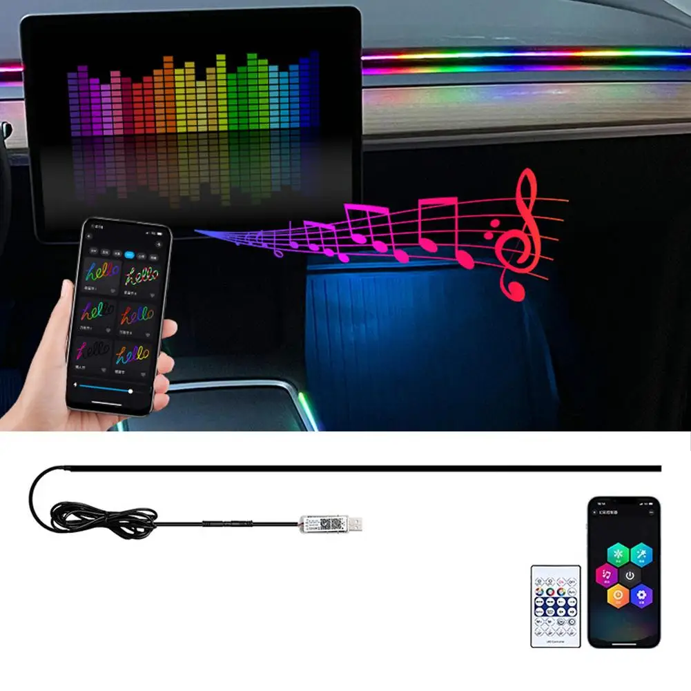 64 ألوان سيارة LED المحيطة شرائط مصباح USB الاكريليك RGB APP جو مصباح تصميم عن بعد المخفية الداخلية ضوء 43.3in كونترو A2Y8
