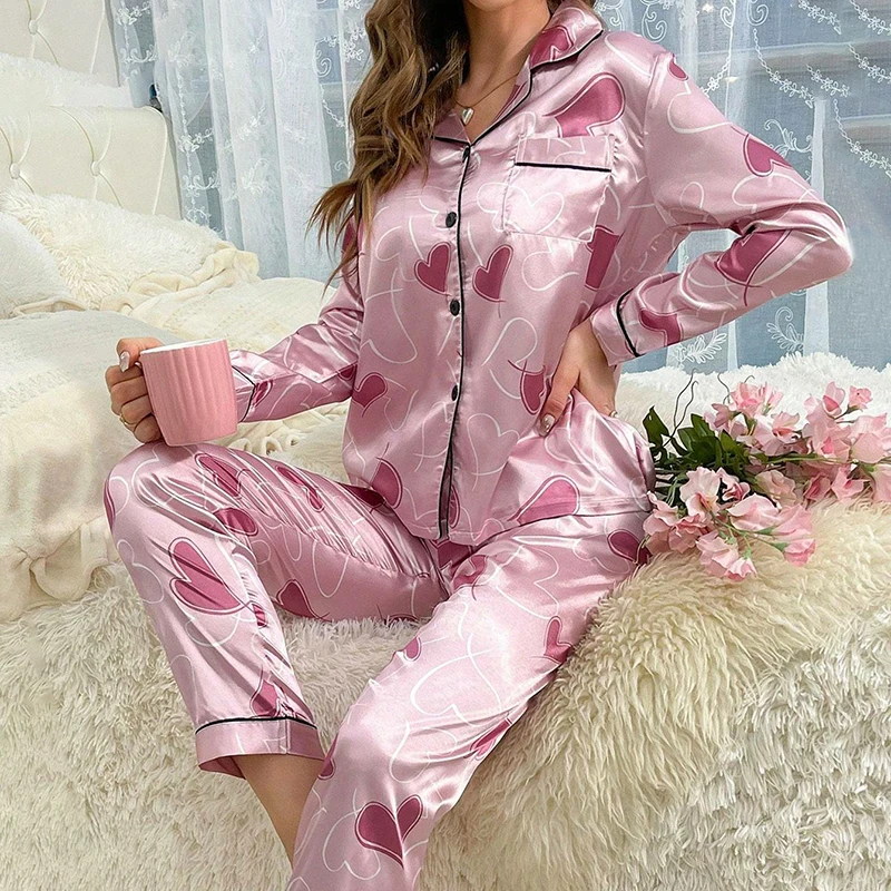 Satin Heart Print Pajama Set Autumn Long Sleeve Lapel Top with Pocket Elastic Waistband Pants for Women Sleepwear Home Clothing