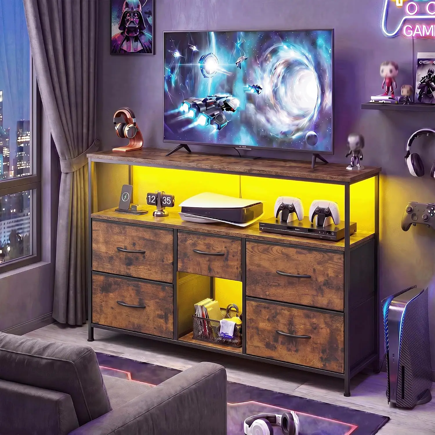 TV Stand 45-50 Inch 5 Drawers LED Lights Power Outlets Living Room Entertainment Center, Customized