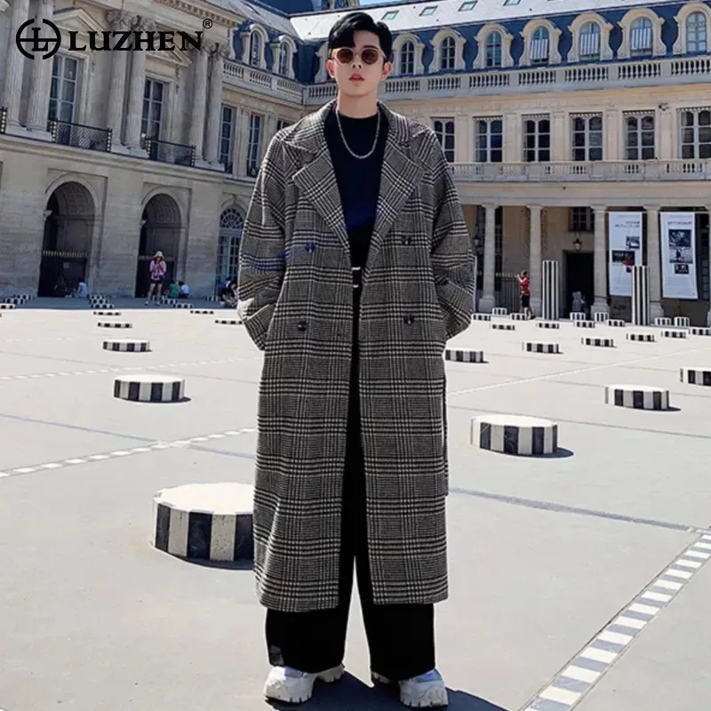 LUZHEN Checked Printed Loose Belt Decorate Knee-length Windbreaker Coat Men's Autumn 2026 Elegant Handsome Trench Clothes JY9468