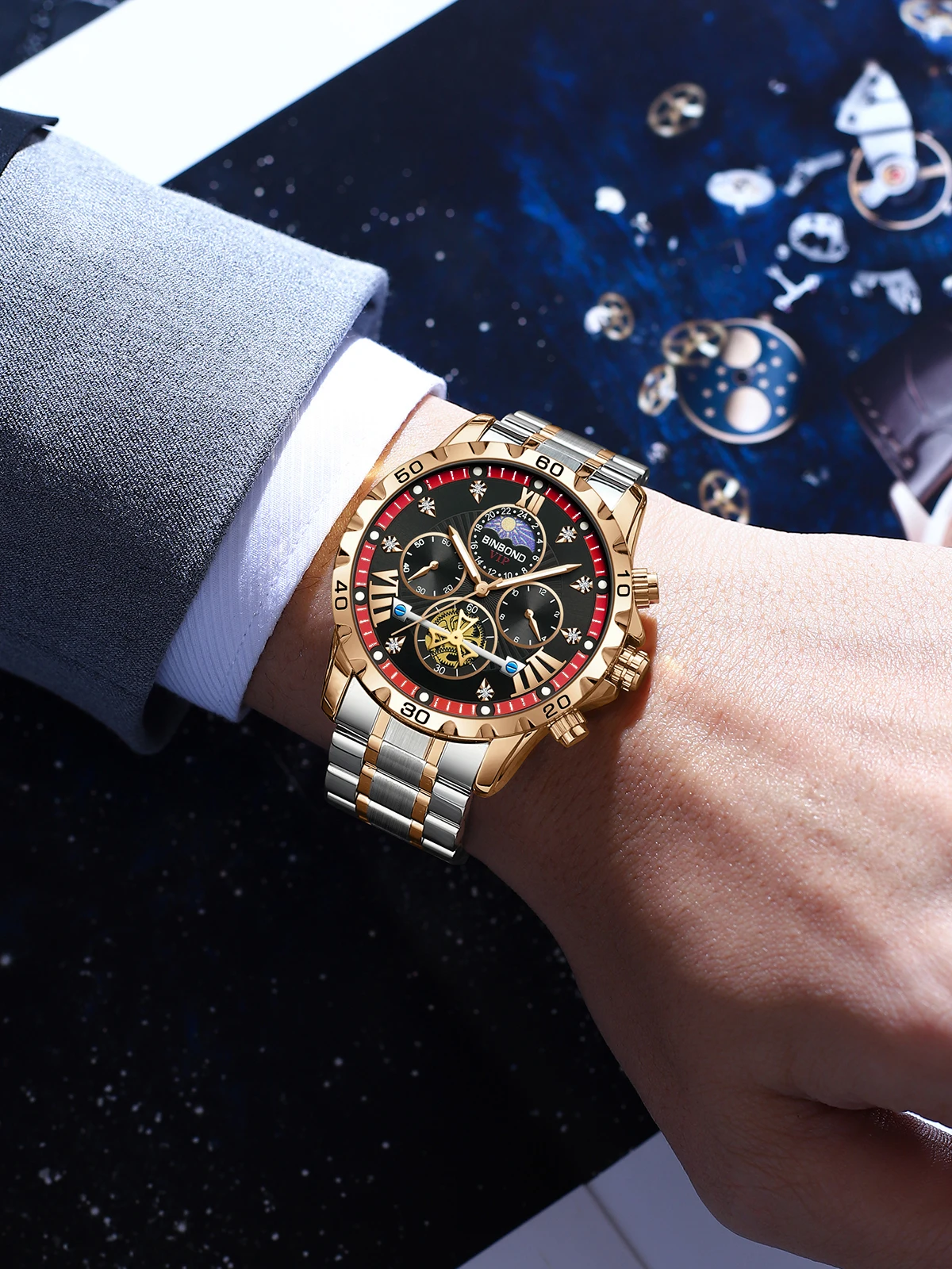 BINBOND Tourbillon Orologio da lavoro Impermeabile Luce notturna Data Orologio da uomo con striscia in acciaio Orologio da uomo di moda di lusso