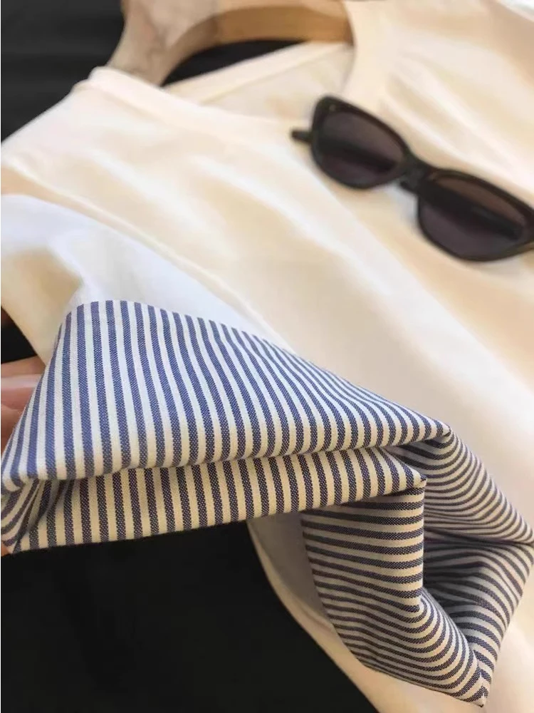 

Chic American Stripe Splicing Short Sleeve T-Shirt Women's Fashionable Unique Top Spring Summer New Arrival Sophisticated Design