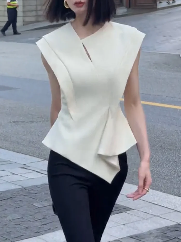 

Faionable женский топ больших размеров асимметричный дизайн, новинка лета Sle Ele, универсальный утягивающий корейский топ для поездок на работу и ветер